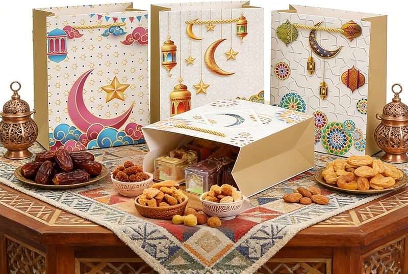 12 PCS 4 Colourful Ramadan Handbags - Beautiful and Gold Printed - Ideal for Wrapping Gifts - Image 4